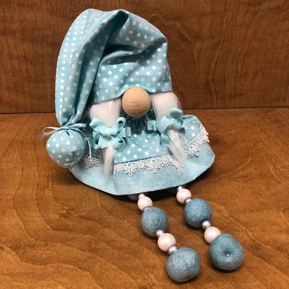 Aqua Gnome Cottage Style Beaded Legs Wool Pom Pom Lace Bow Feminine Gift Silver - Picture 4 of 5